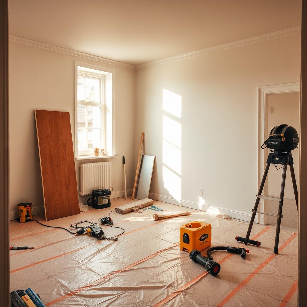 Rum under renovering med skyddat golv inför måleriarbete